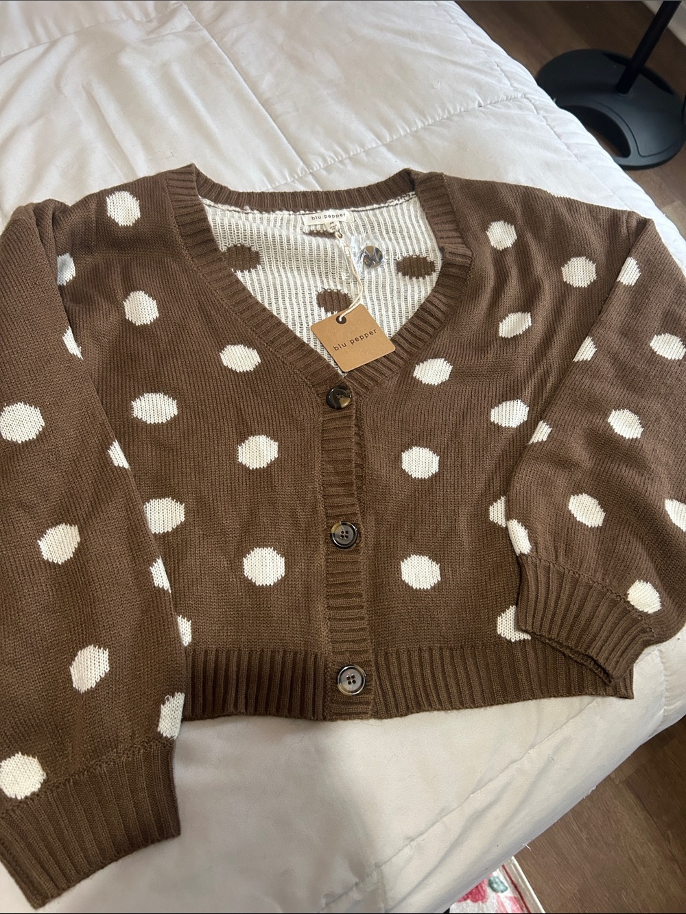 Blu Pepper Brown and White Polka Dot V-Neck Cardigan